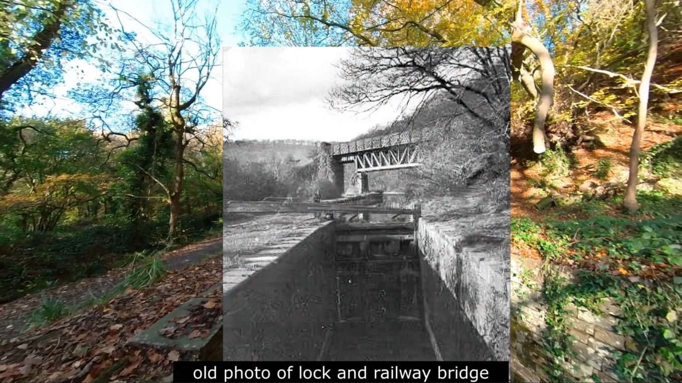 Old photograph overlaid over current scene at crossing of the Glamorganshire Canal by the Cardiff Railway