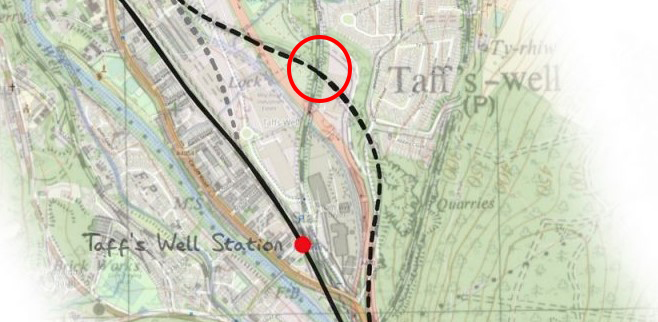 Map showing Cardiff Railway crossing Rhymney Railway at Taffs Wells